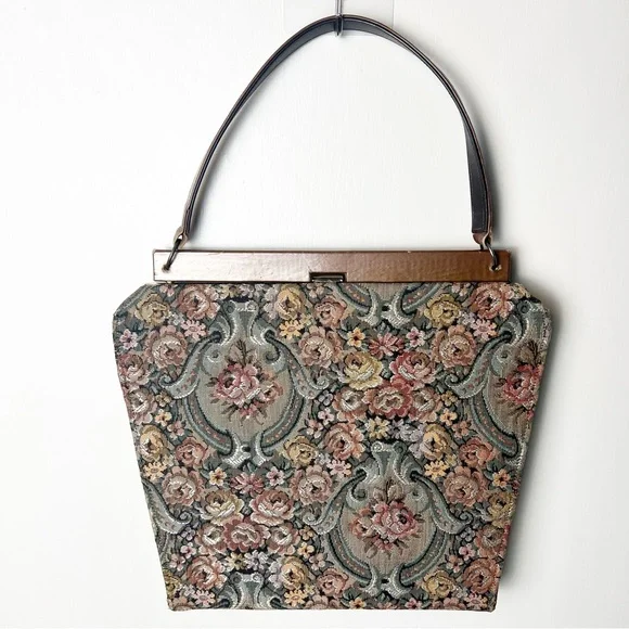Vintage 50s Floral Tapestry Top Handle Kelly Frame Handbag Victorian Roses - Picture 2 of 11